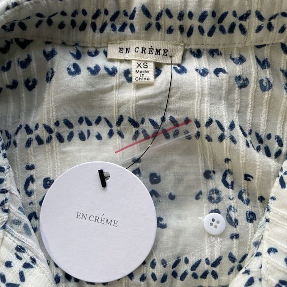 En Creme Women’s XS Button Front Cream Blue Boho Print Tunic Top Long Sleeve - Picture 5 of 10